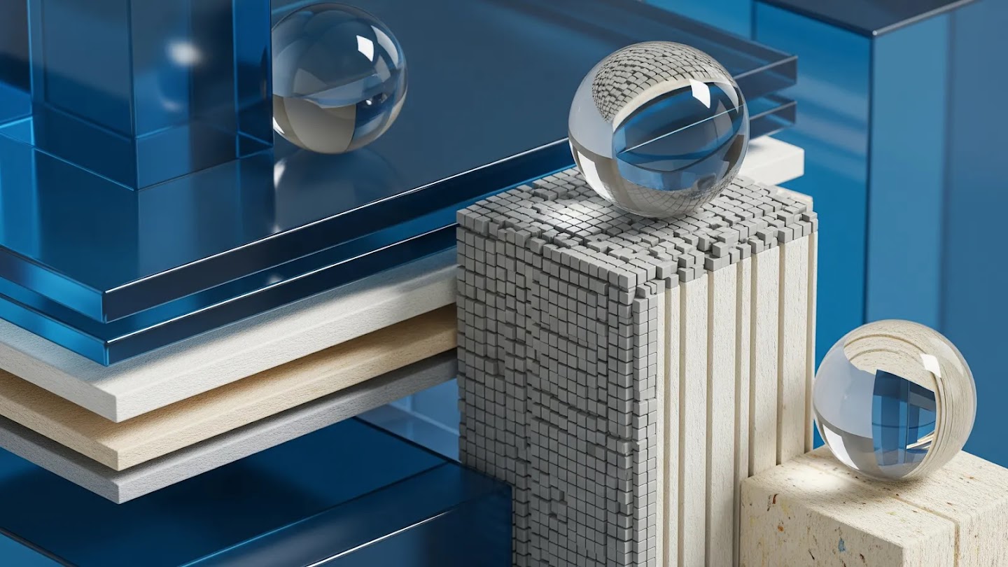 An abstract, 3D digital composition featuring a variety of geometric shapes and textures in a palette of deep blue, cool grey, and warm beige.Several transparent glass spheres rest on different surfaces, reflecting the surrounding environment. The structures include smooth, translucent blue glass slabs stacked horizontally, a vertical pillar with a detailed grey mosaic or pixelated texture, and a textured beige stone block. The lighting is soft and professional, creating a clean, architectural, and modern corporate aesthetic.