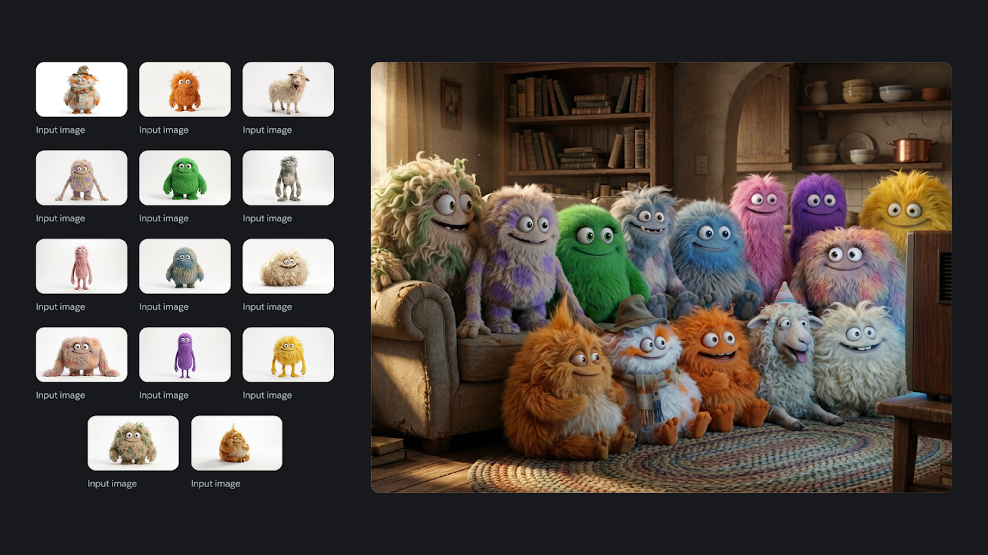 A split-screen graphic demonstrating image generation. On the left is a grid of 14 small 'input images' showing individual 3D furry monsters of various colors and one sheep against white backgrounds. On the right is a large, cohesive scene showing all these characters sitting together on a couch and floor in a cozy, dimly lit living room, watching a television.