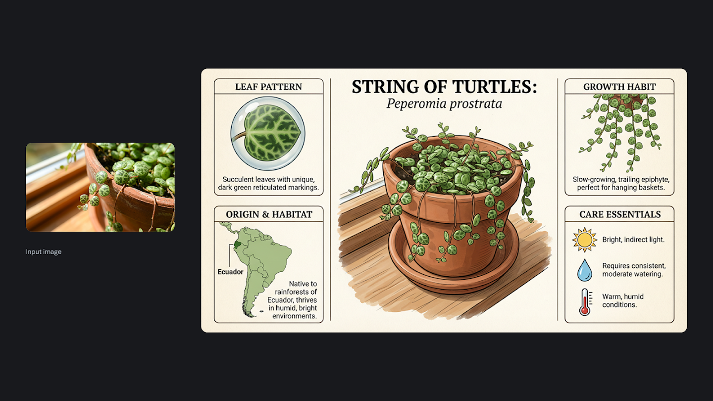 A composite image featuring a photo of a String of Turtles plant alongside an illustrated care guide. The guide, titled 'String of Turtles: Peperomia prostrata,' details the plant's reticulated leaf pattern, its origin in Ecuador, its trailing growth habit, and care essentials like bright indirect light.