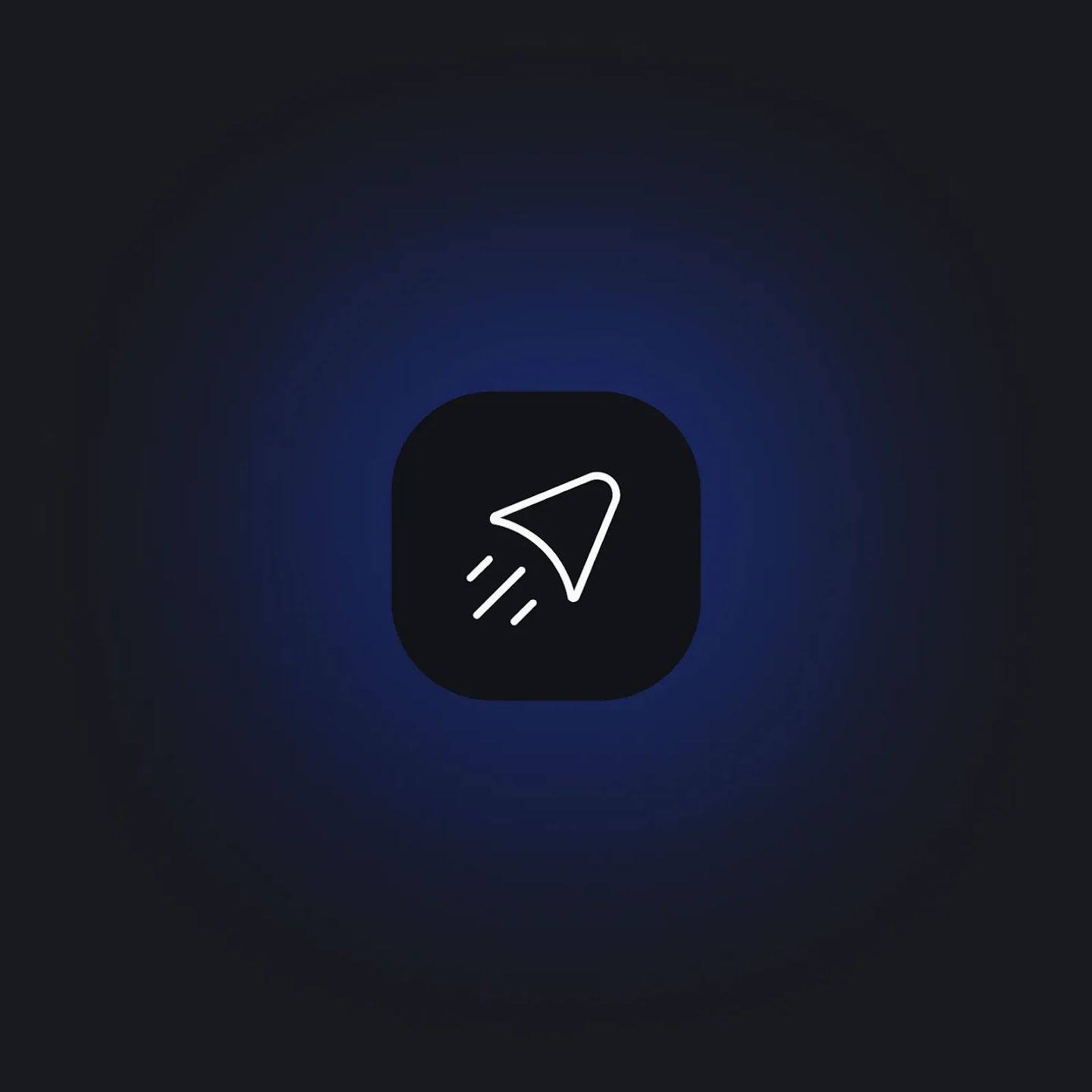 A minimalist white outline of a paper airplane with motion lines inside a dark rounded square on a soft blue glowing background, representing reliable agentic execution.