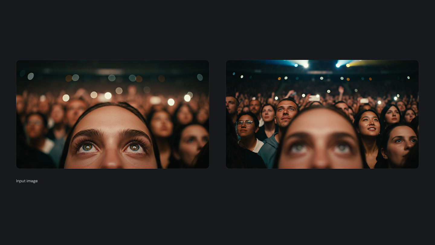 A side-by-side comparison where a close-up portrait of a woman looking upward is expanded into a wide shot, revealing she is standing in the middle of a large crowd at a concert venue with stage lights in the background.