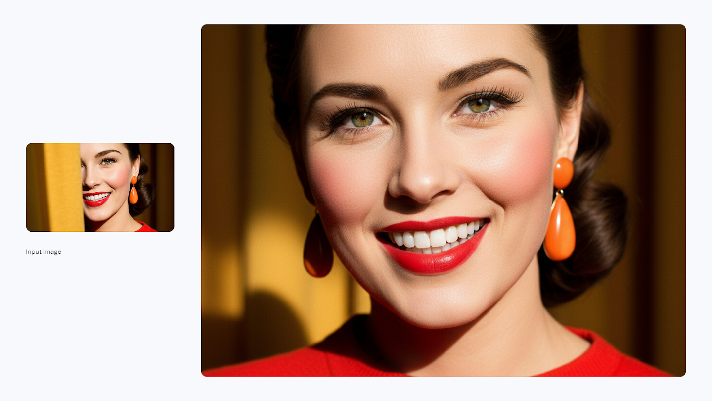 AI-generated image of: a side-by-side comparison showing image editing. On the left is a small input image of a smiling woman with bright red lipstick and orange earrings, partially obscured by a yellow curtain. On the right, the edited, full-size image shows a close-up of the woman, with the yellow curtain removed and replaced by a smooth yellow background that complements the orange earrings and red outfit.
