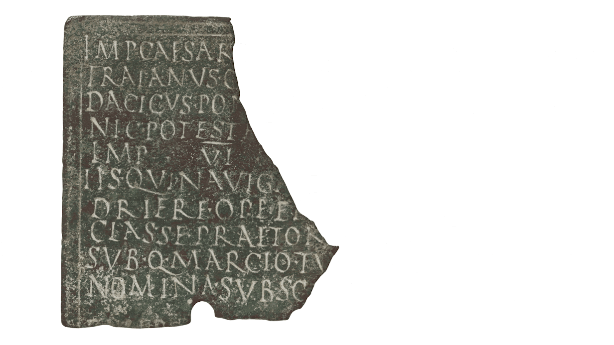 Dark, fragmented Roman bronze military diploma with incised Latin text against white background