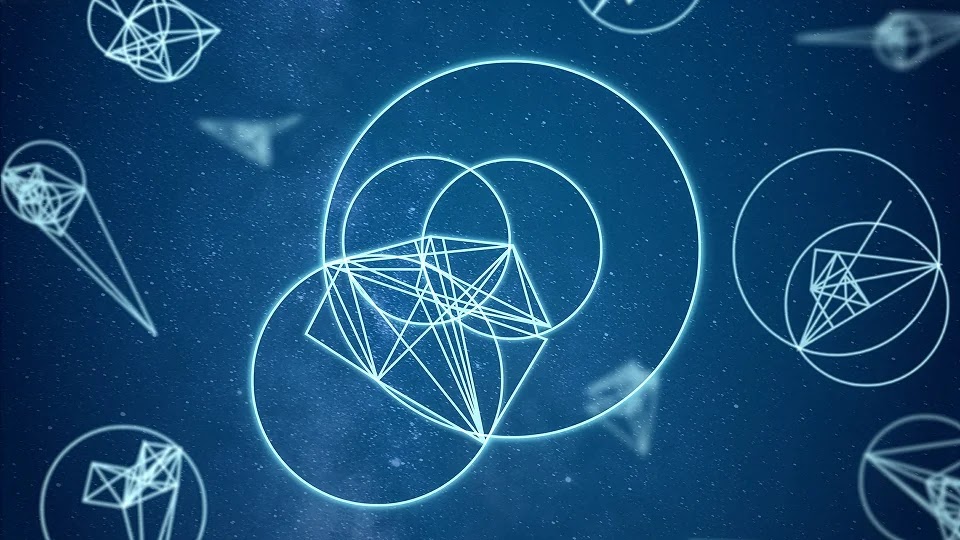 A dark blue background featuring various white, glowing line-art geometric shapes and constellations of circles connected by fine lines, suggesting a theme of scientific or mathematical exploration.