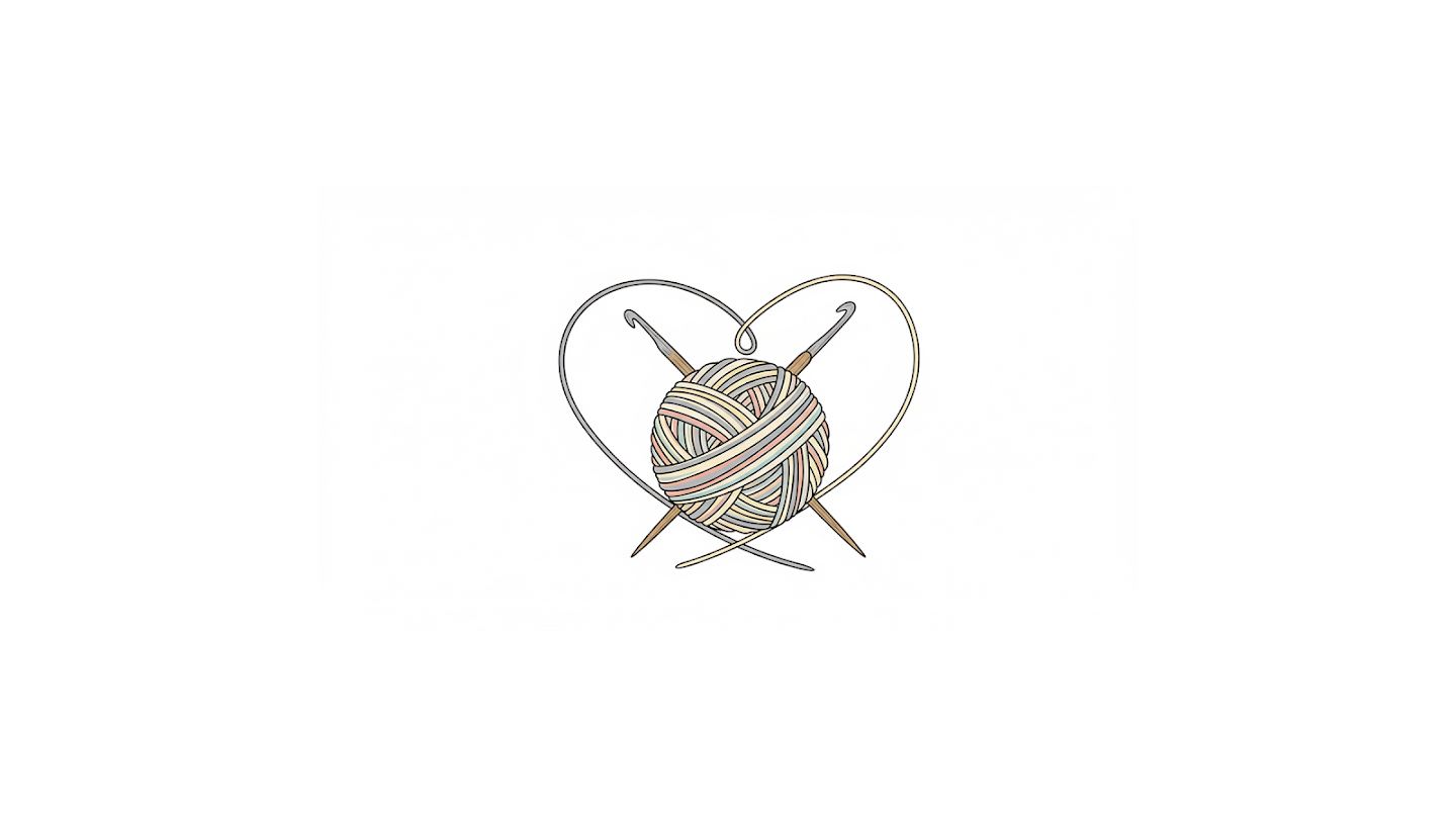 AI-generated image of: a line art illustration of a multicoloured yarn ball with crossed crochet hooks behind it, surrounded by a heart-shaped strand of yarn