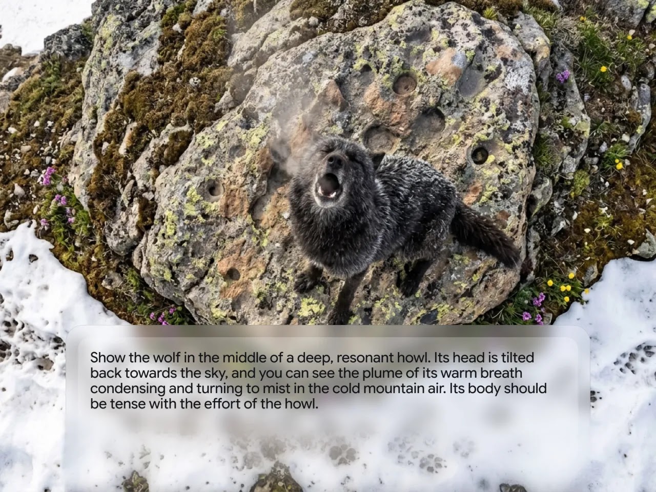 A high-angle, close-up shot of a black Himalayan wolf sitting on a lichen-covered rock.