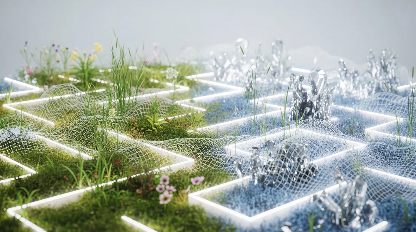 A digital landscape blending nature and technology, featuring green moss and wildflowers on one side shifting into metallic, crystalline structures on the other, all divided by a glowing grid.