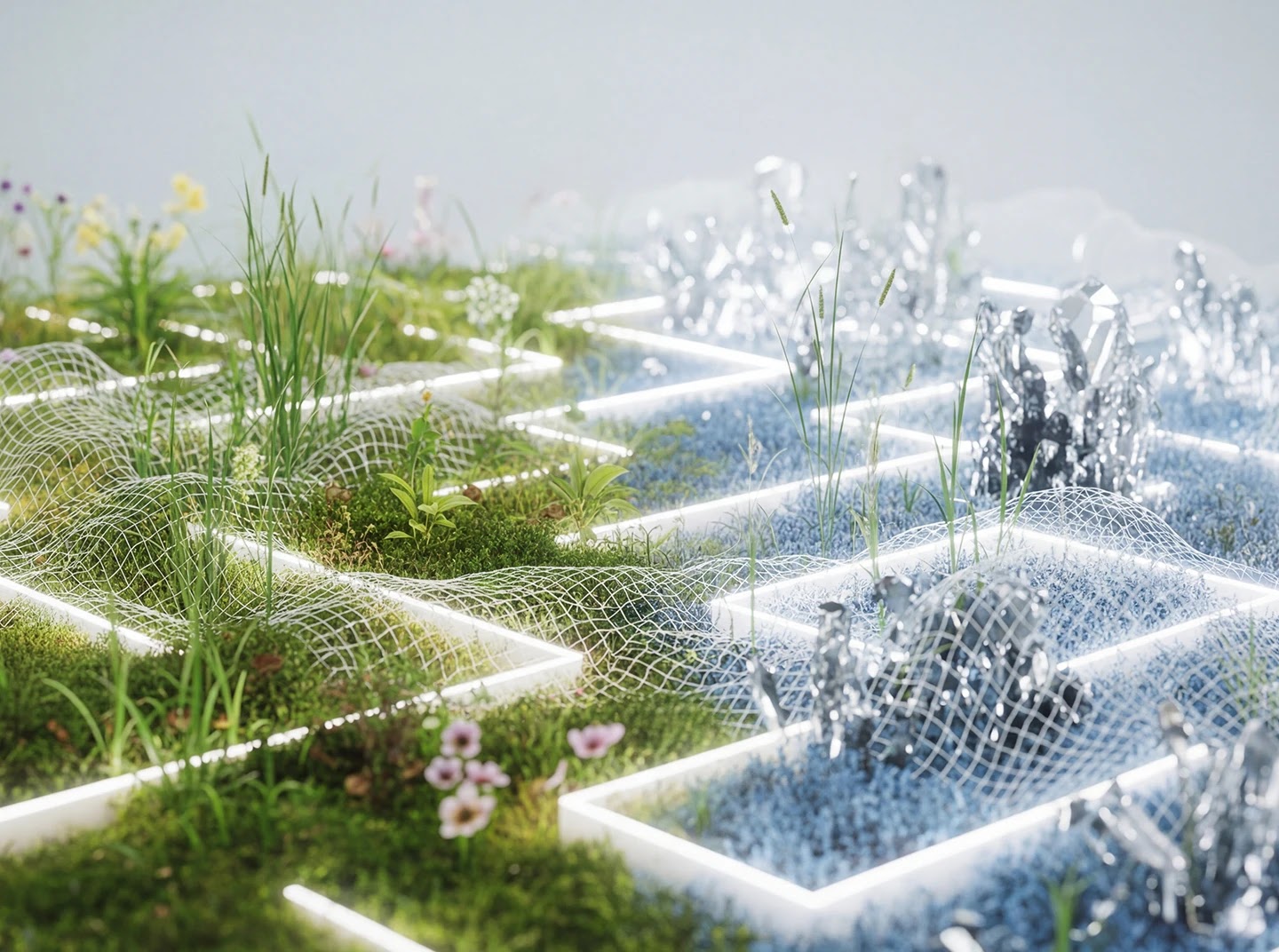 A digital landscape blending nature and technology, featuring green moss and wildflowers on one side shifting into metallic, crystalline structures on the other, all divided by a glowing grid.
