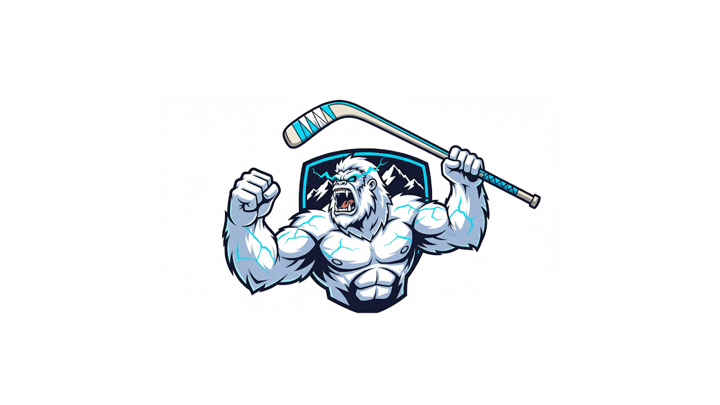 AI-generated image of: an aggressive mascot logo featuring a muscular white yeti holding a hockey stick, with blue lightning crackling across its fur, set against a mountain shield
