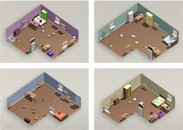 Four zoomed-out configurations of the playroom.