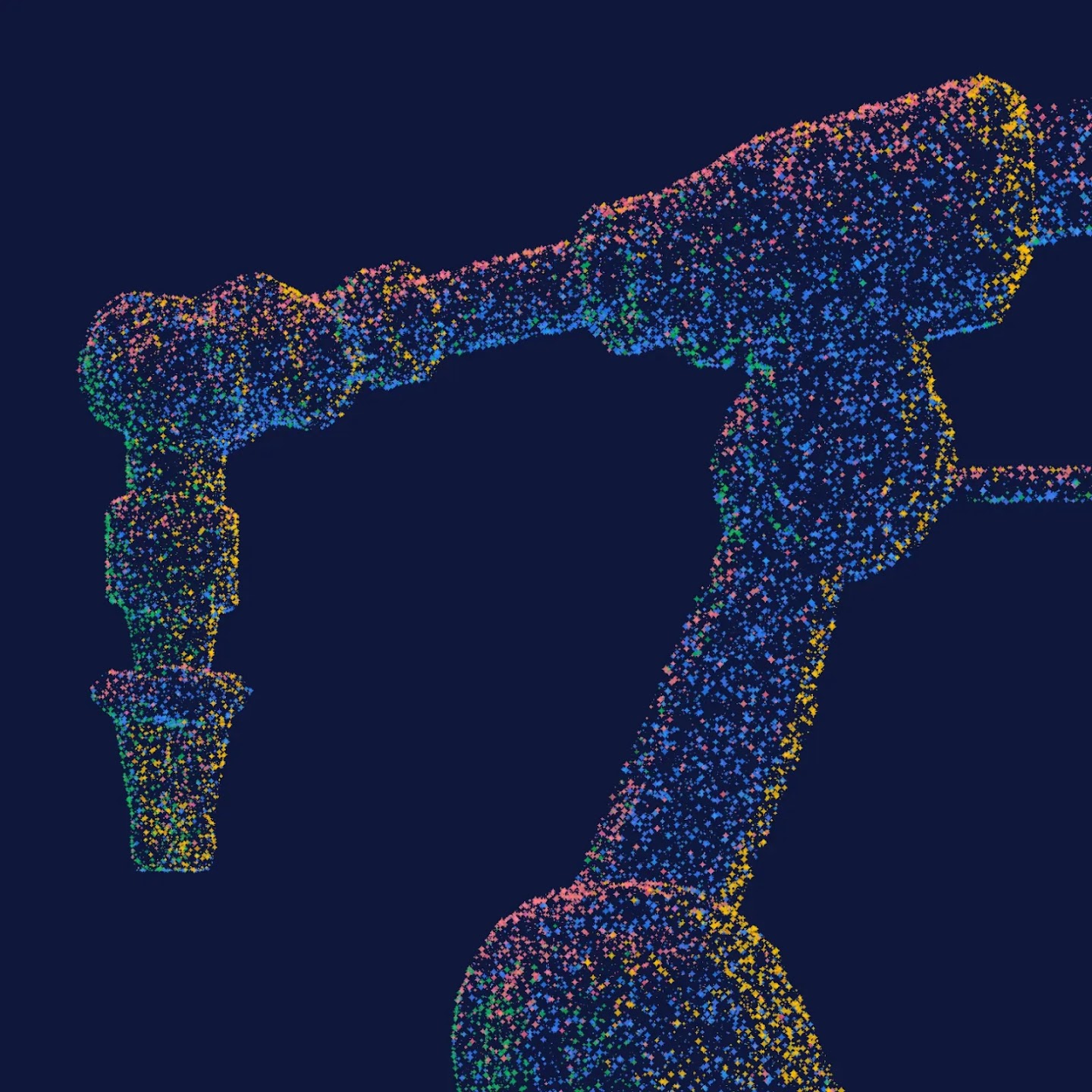 An abstract robotic arm formed by multicolored digital particles on a dark navy background.