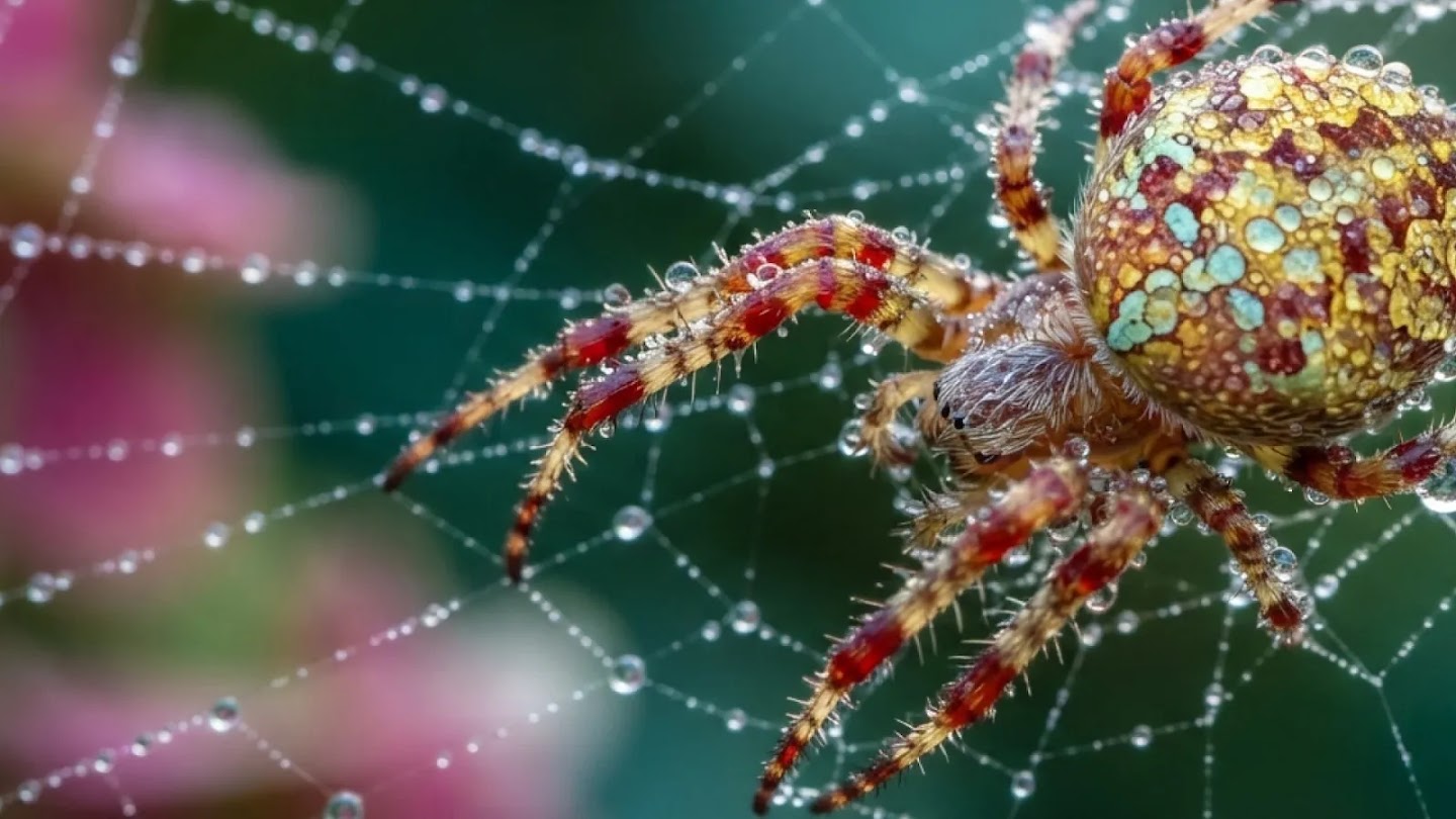 A detailed macro shot of a colorful spider on a dew-covered web.