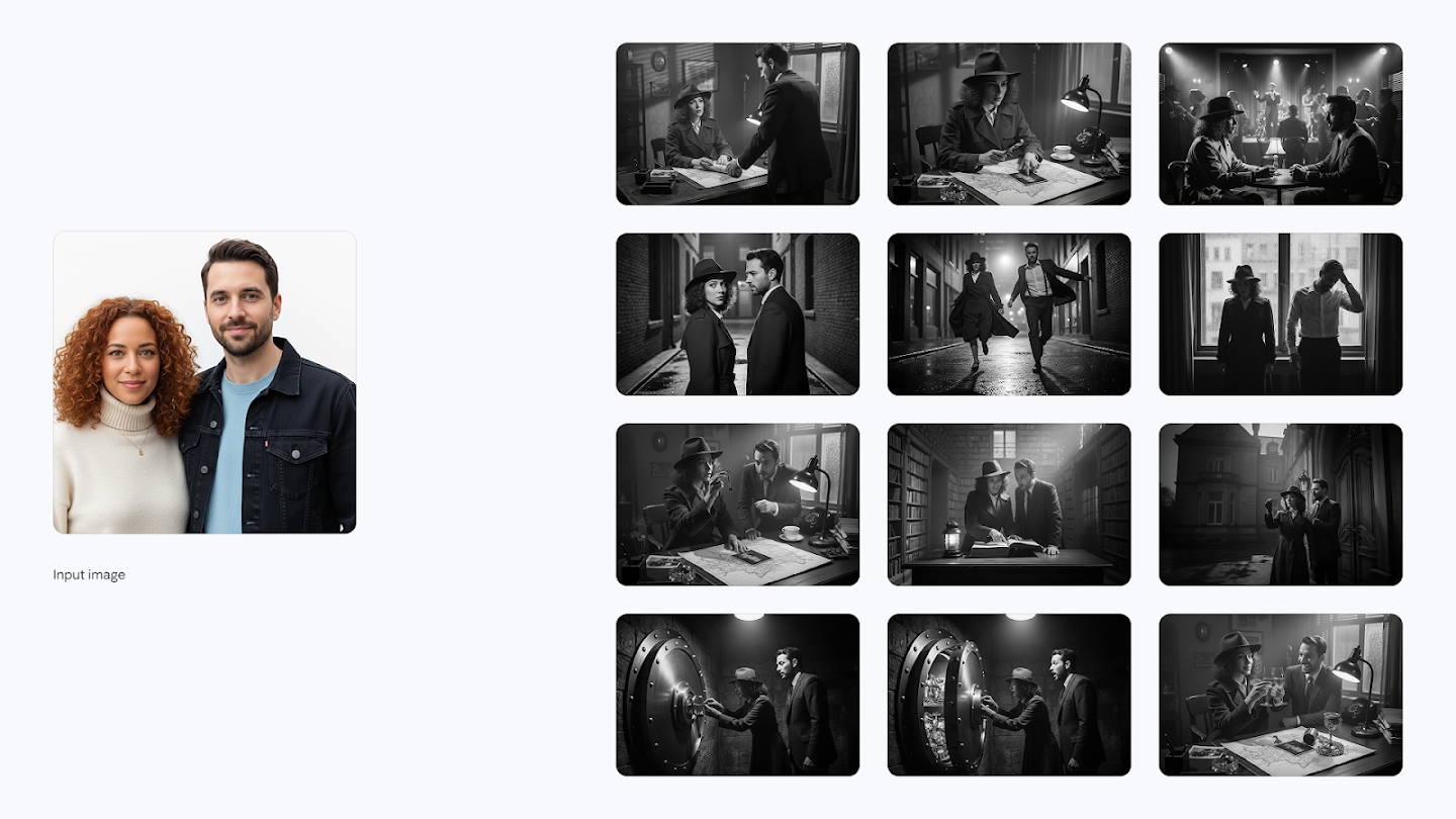 **Input Image:** A black and white photo of a man and a woman with curly red hair, posing together; the man wears a dark jacket, the woman a cream sweater. **Image Grid:** A 12-part black and white film noir detective story. Image 1: Female detective points at a map on a desk. Image 2: Female detective studies a map. Image 3: The duo looks at something on a table. Image 4: They examine a large book in a library. Image 5: They stand in a dark alley. Image 6: They run down a wet city street. Image 7: They look out a window, the man distressed. Image 8: They examine a large vault door. Image 9: The woman operates the vault dial. Image 10: The open vault reveals treasure; they are surprised. Image 11: They stand outside a grand building. Image 12: They toast each other across a desk of case files.