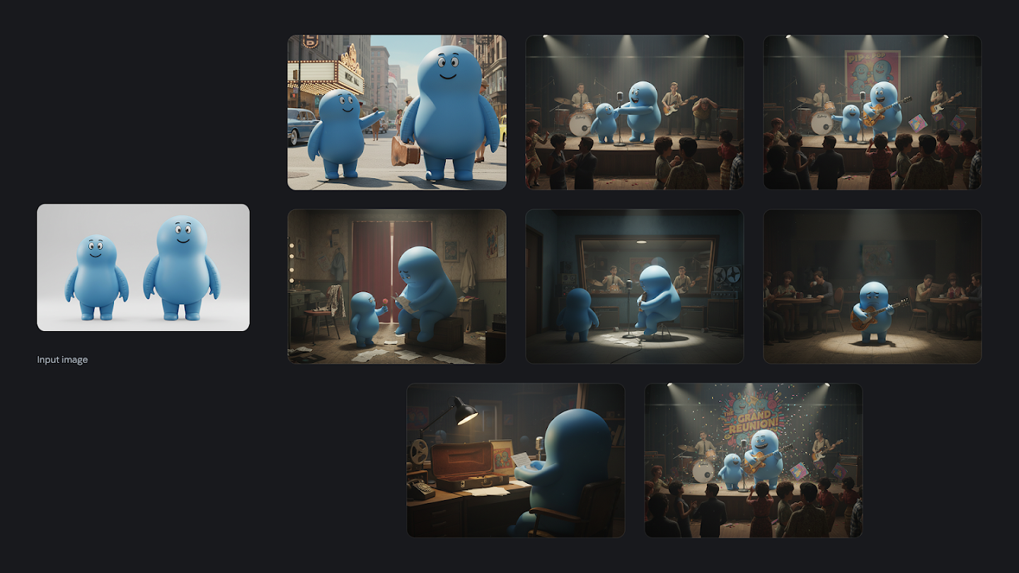 An 8-part visual story, arranged in a grid, of two blue, round, cartoon-like characters (one large, one small) and their adventures in the 1960s music scene. **Image 1:** The duo arrives at a bustling city street, excited. **Image 2:** They perform their first gig on a stage with a band. **Image 3:** They achieve success, performing triumphantly on a larger stage. **Image 4:** A moment of sadness in a dressing room, the smaller character offering comfort. **Image 5:** The large character records music alone in a studio booth, the small one watches. **Image 6:** The large character performs solo in a small, dim club. **Image 7:** The large character is alone at night, writing music at a desk. **Image 8 (Finale):** The two characters reunite, performing triumphantly on stage under a 