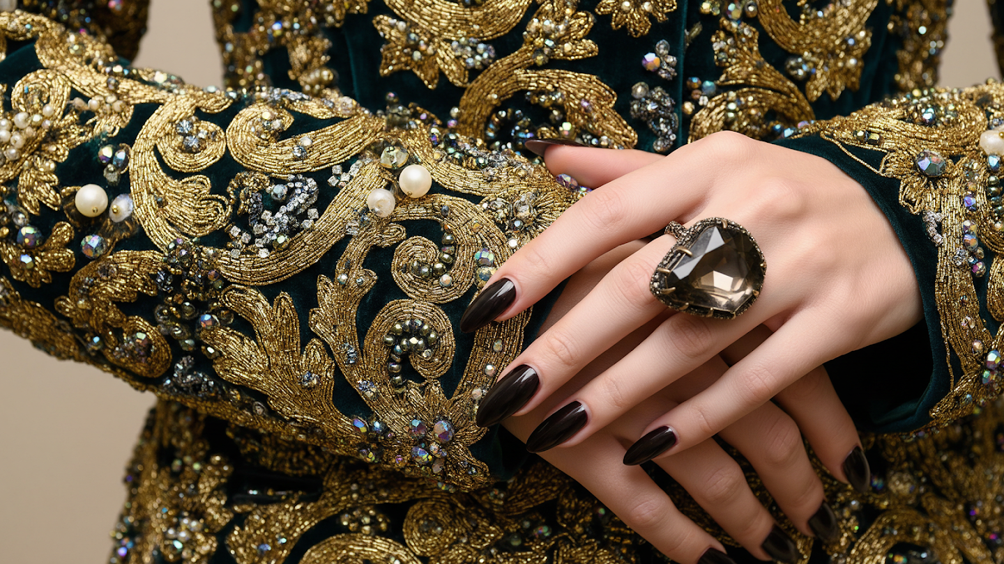 AI-generated image of: a manicured hand wearing a large, faceted dark jewel ring, resting on luxurious dark green velvet heavily encrusted with intricate raised gold embroidery, pearls, and sparkling beads