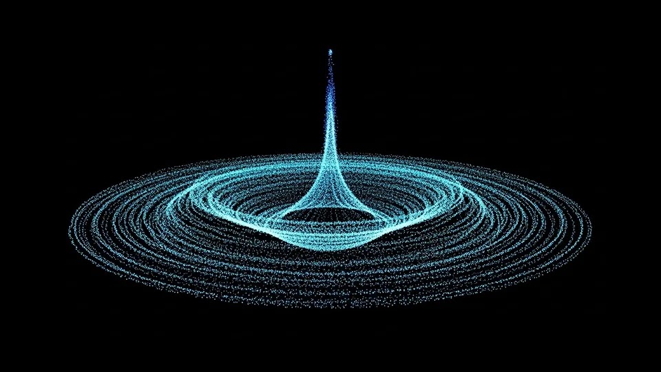 A minimalist digital animation frame showing a central, glowing blue point creating concentric rings that ripple outward, resembling a drop falling into a liquid.