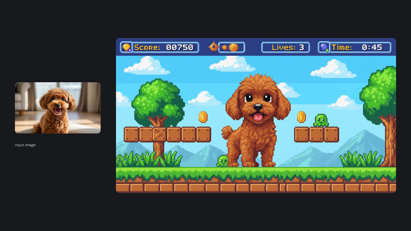 AI-generated image of: a side-by-side comparison showing style transfer. On the left is an input photo of a smiling brown toy poodle. On the right, the dog is recreated as a large, stylized 16-bit pixel art character within a 2D platform video game level, complete with score, lives, and timer display.