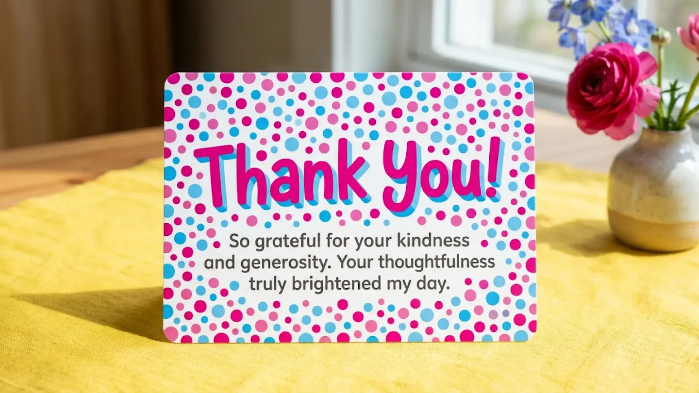 A landscape-oriented "Thank You!" card sits on a yellow tablecloth. The card features a white background covered in a dense pattern of vibrant pink and blue dots of varying sizes. The words "Thank You!" are written in large, playful pink letters with a blue drop shadow, followed by the message: "So grateful for your kindness and generosity. Your thoughtfulness truly brightened my day". A small vase of pink and blue flowers is visible in the background.