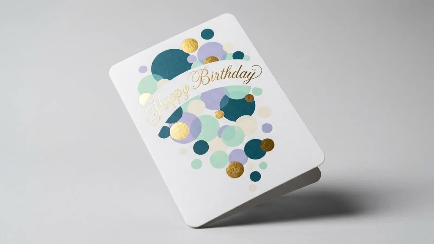 A clean, white greeting card is decorated with a cluster of overlapping circles in shades of teal, purple, mint green, and gold foil. A gold-foiled, elegant script across a white banner in the center reads "Happy Birthday".