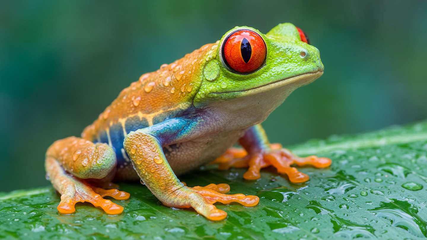 Macro photography of a vibrant tree frog with orange, green, and blue skin and large red eyes, perched on a wet green leaf covered in water droplets.