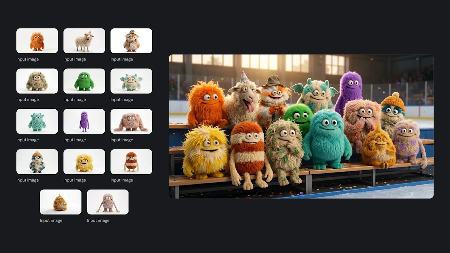 A collage showing 14 individual colorful, fuzzy monster characters on the left, with a main image on the right showing all the monsters sitting together on bleachers at an ice rink.