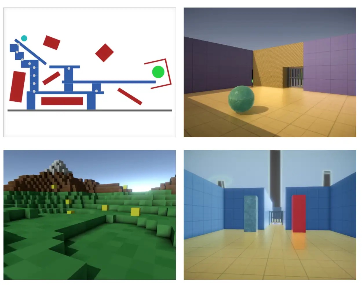 Four screen captures of Unity environments created at DeepMind
