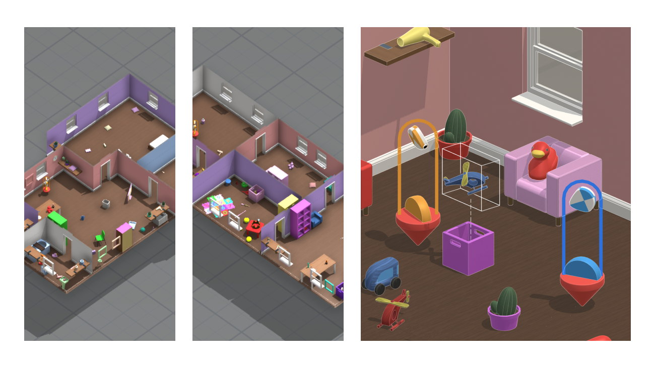 A three-panelled image of a virtual "playhouse" with hundreds of recognisable objects and randomised configurations.