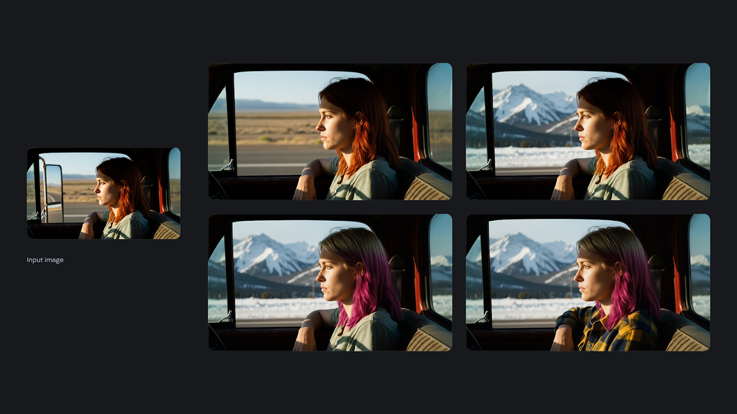  AI-generated image of: a layout demonstrating progressive AI edits. On the left is an input image of a woman with red hair in a car looking out at a desert landscape. On the right, a 2x2 grid shows cumulative edits: first removing the car's side mirror, then changing the landscape to snowy mountains, next dyeing her hair cool blond and magenta, and finally changing her green shirt to a yellow and blue flannel shirt.