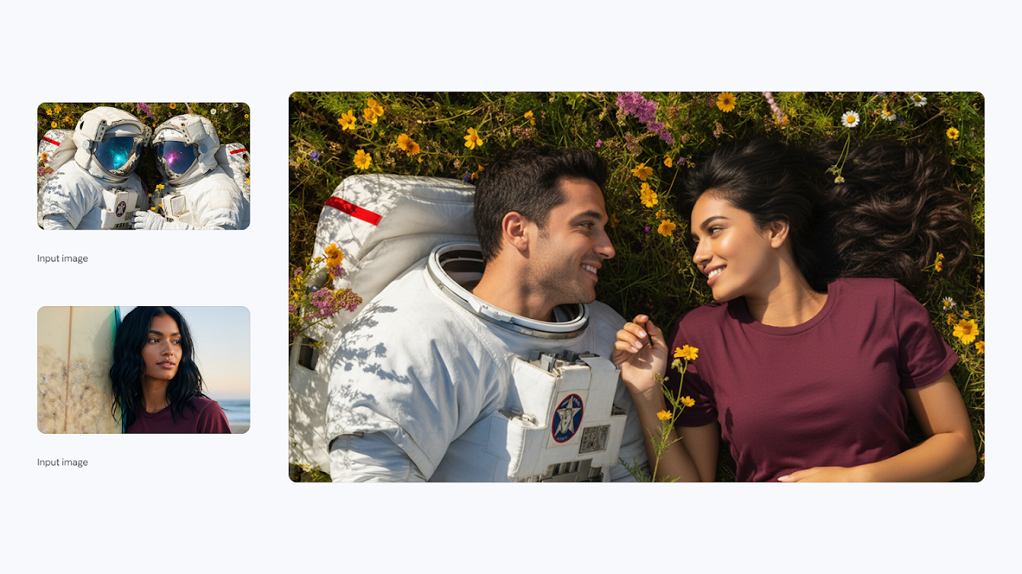 AI-generated image of: a side-by-side comparison showing image merging. On the left are two separate input images: one of two people in astronaut suits and the other a portrait of a woman looking out to sea with a surfboard nearby. On the right, the generated output merges the subjects, showing the man and woman lying down together in a field of colorful wildflowers, with the man wearing an open-faced astronaut helmet and the woman in a burgundy shirt.
