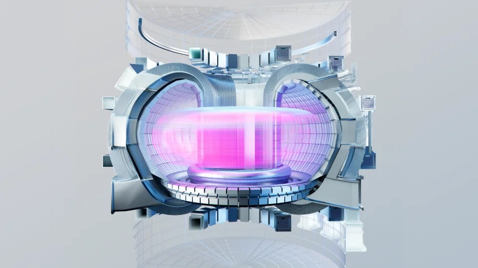 A cross-section of a high-tech fusion reactor device with a central glowing pink plasma core, surrounded by layered metallic structures and cooling components.
