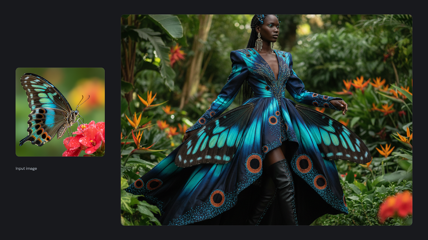 AI-generated image of: a side-by-side comparison. On the left is an input photo of a blue, black, and white butterfly on a red flower. On the right, the generated output shows a dark-skinned woman in a lavish, floor-length gown in the center of a lush botanical garden, with the gown's skirt patterned after the butterfly's wings in bright blue and black.