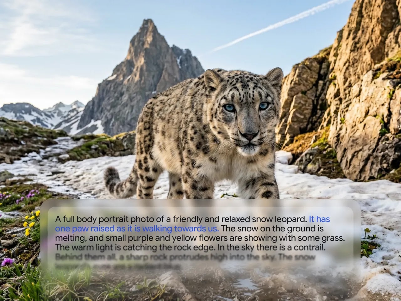 A photo of a snow leopard walking through a mountain landscape with a prompt overlay. The text "It has one paw raised as it is walking towards us" is highlighted in blue to demonstrate the Action component of the prompt.
