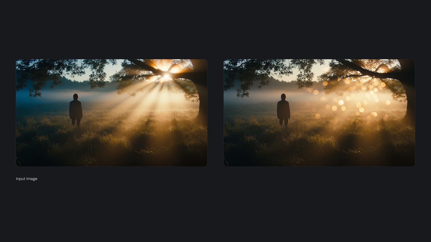 Two versions of a moody landscape photo showing a person standing in a foggy field at sunrise. The left image features distinct beams of sunlight (god rays) streaming through a tree. The right image replaces the beams with soft, circular bokeh light orbs for a dreamier atmosphere.