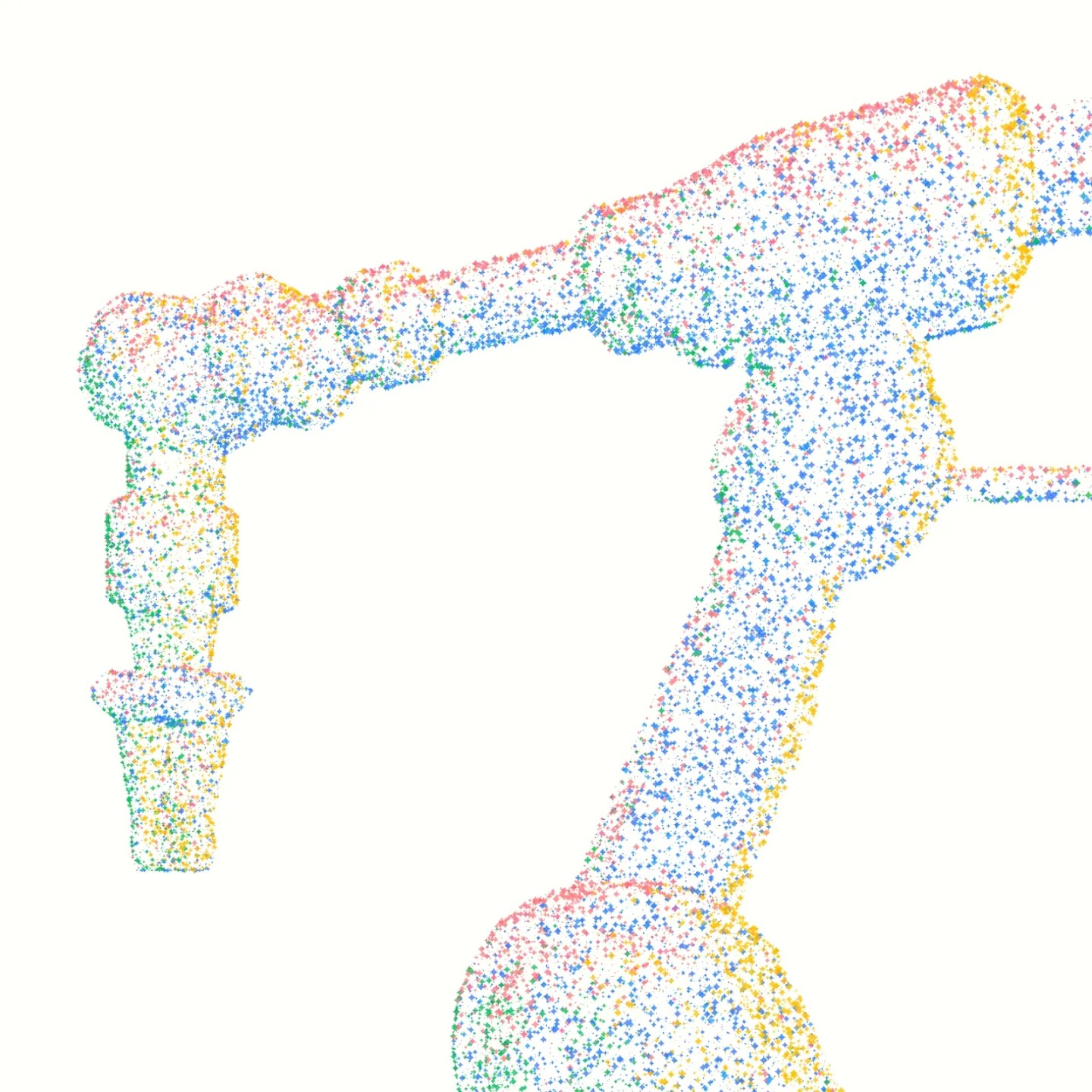 An abstract robotic arm formed by multicolored digital particles on a white background.