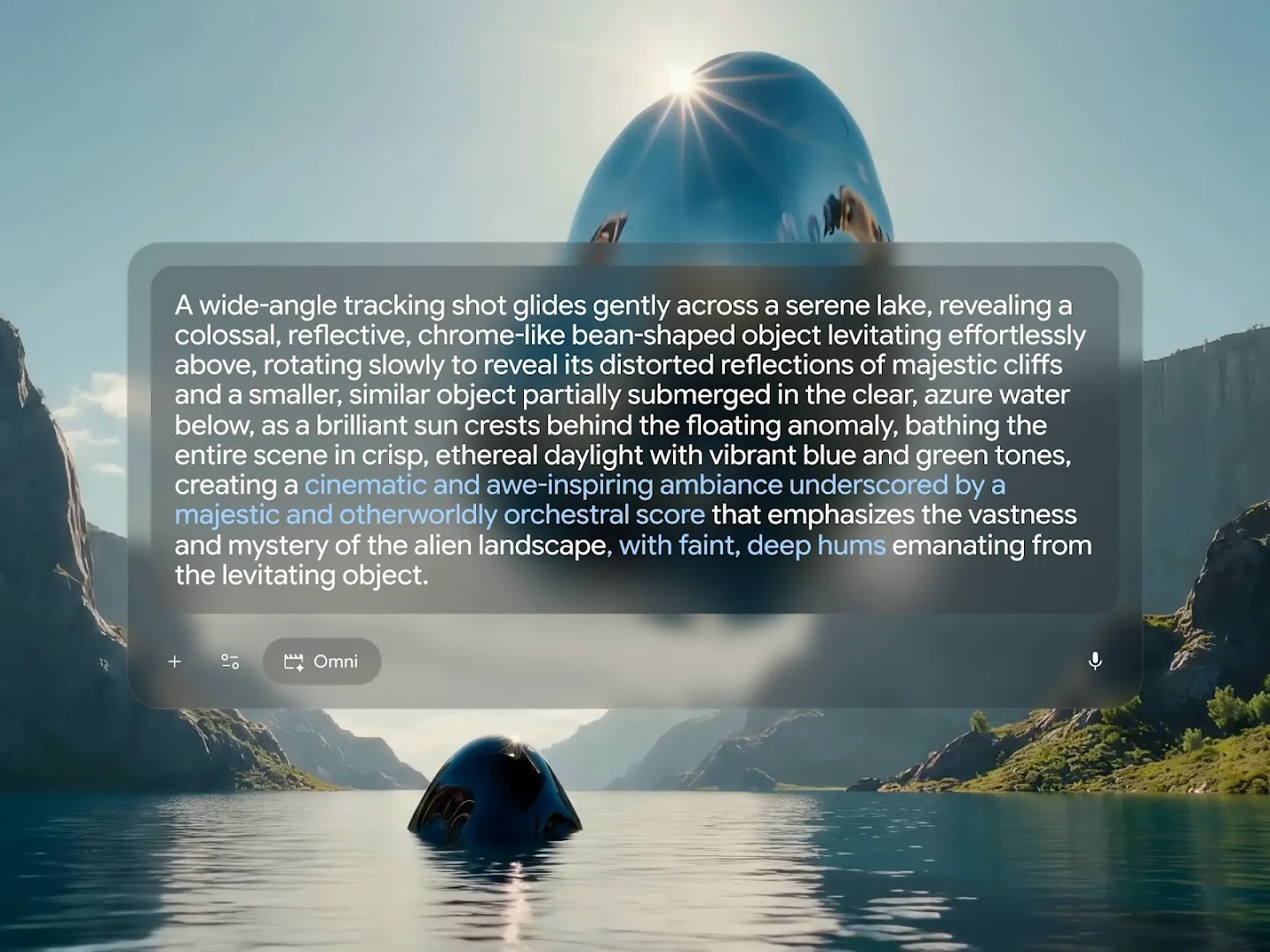A Gemini Omni interface overlays a cinematic scene of a giant reflective object floating above an azure lake, displaying a detailed prompt with style-related text highlighted in blue.
