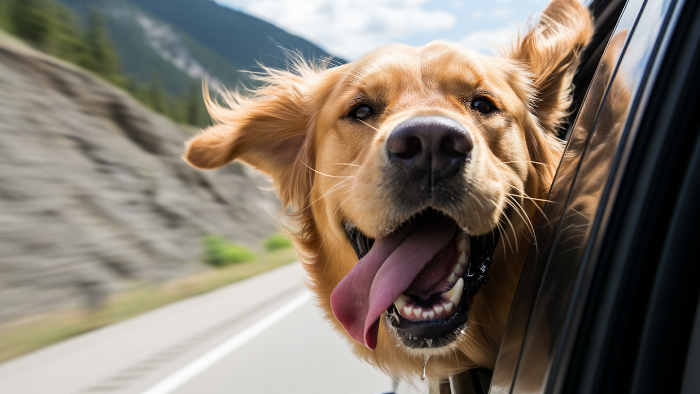 AI-generated image of: a golden retriever leaning out a car window, featuring hyper-realistic rendering of blowing fur strands, a wet textured tongue, and flying saliva droplets