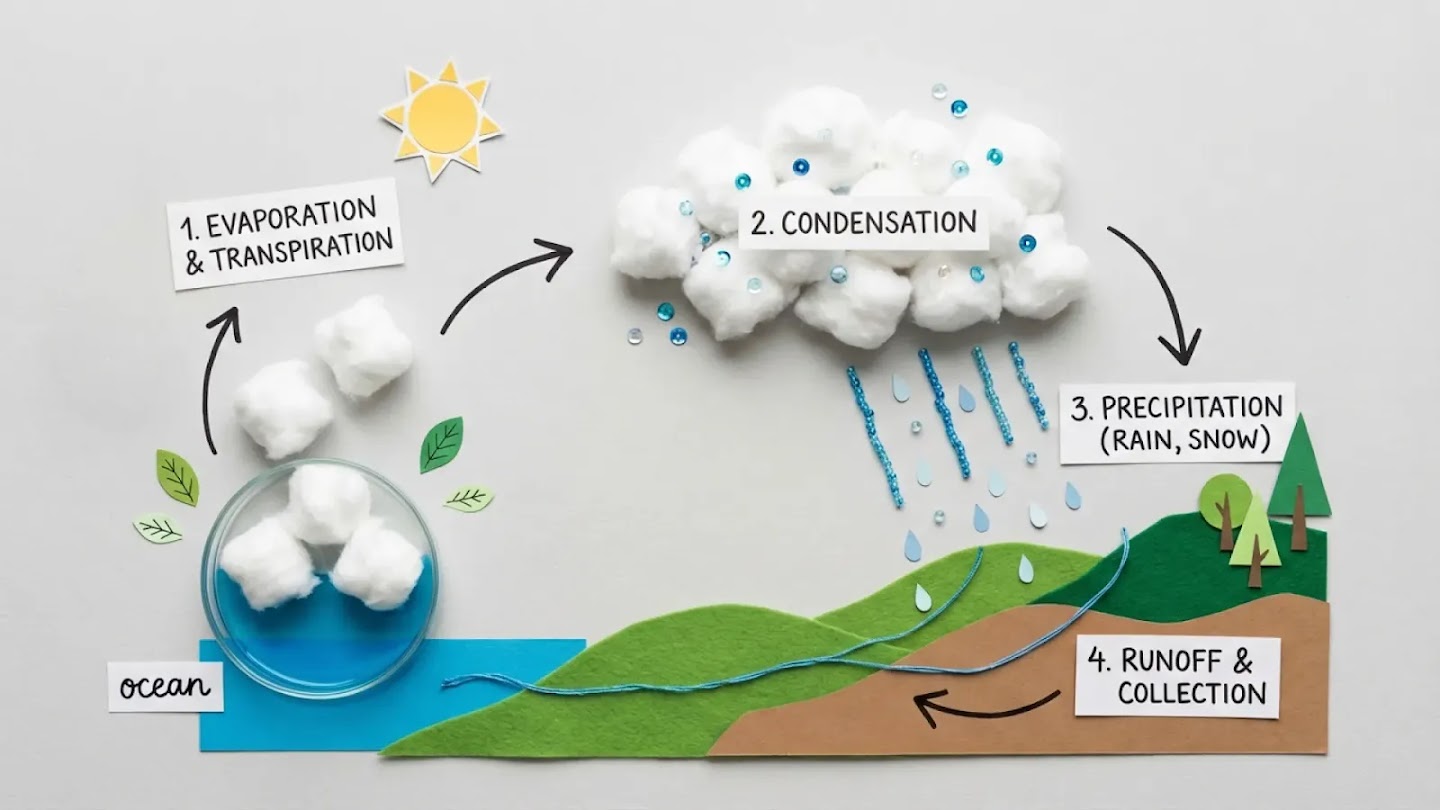 A DIY craft model explaining the water cycle using cotton balls for clouds, blue beads for rain, and felt for mountains. Labels identify evaporation, condensation, precipitation, and runoff.