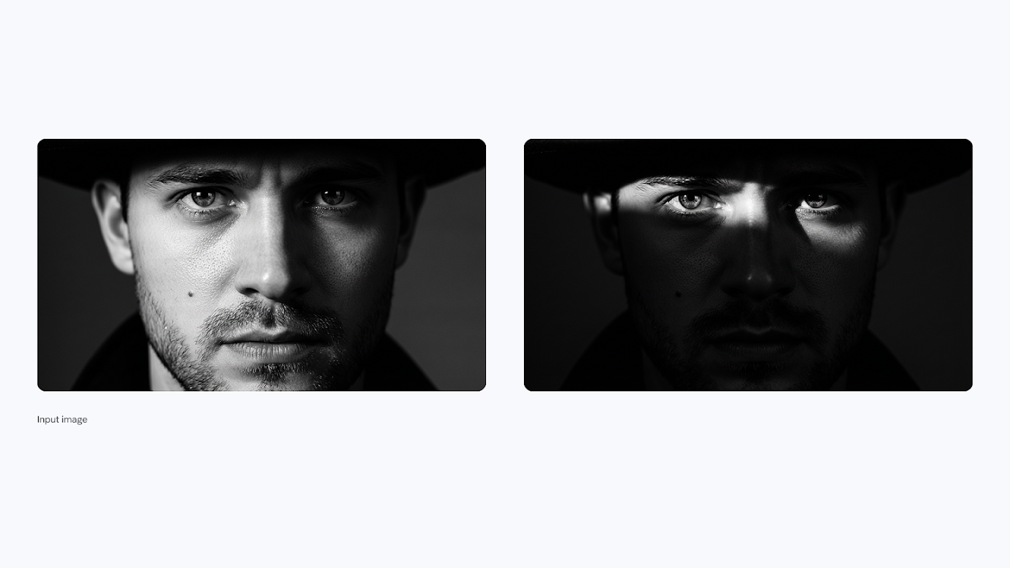 A split image showing a black and white portrait of a man wearing a hat with different lighting effects. On the left, his face is evenly shadowed but fully visible. On the right, a 'film noir' style shadow is applied, obscuring most of his face and leaving only a narrow strip of light across his eyes.