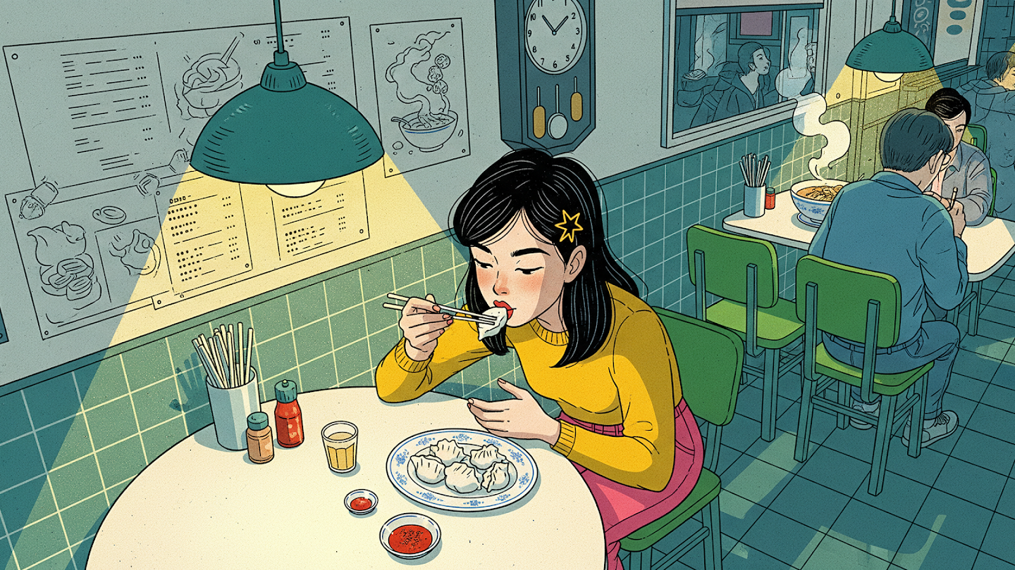 AI-generated image of: a lo-fi style illustration of a woman eating dumplings in a tiled diner, bathed in the warm, grainy yellow light of a hanging green lamp, with visible halftone textures adding a retro, printed feel to the shadows and surfaces