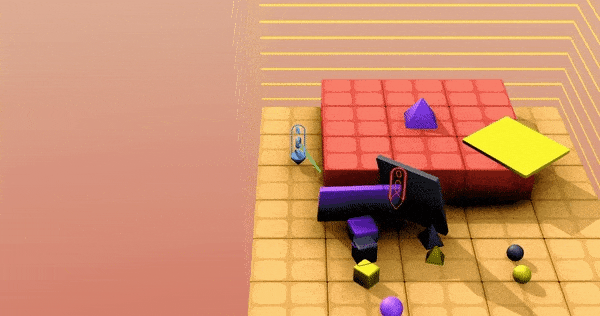 3D Animation showing the agents playing in the XLand. The blue agent picks up and moves the goal purple pyramid to win the game.