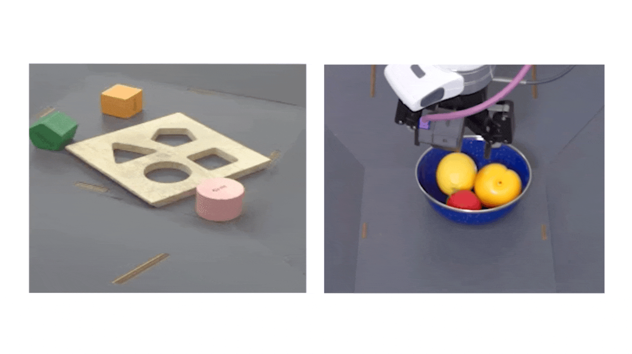 Two videos of RoboCat completing tasks. On the left, a robotic arm is doing a children's puzzle, placing wooden blocks into the correctly shaped hole. On the right, the robotic arm is picking a lemon out of a fruit bowl.