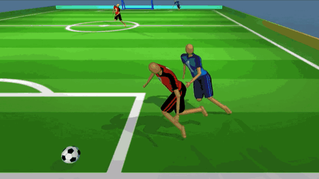 Simulated humanoid figures play football with two players on each team. There is a red team and a blue team. The red team successfully defends the blue team's attack and goes on to score a goal.
