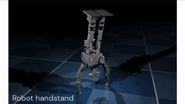 A simulated humanoid figure holds a handstand. It is visibly struggling to hold the position, but it adjusts its posture so it does not fall.